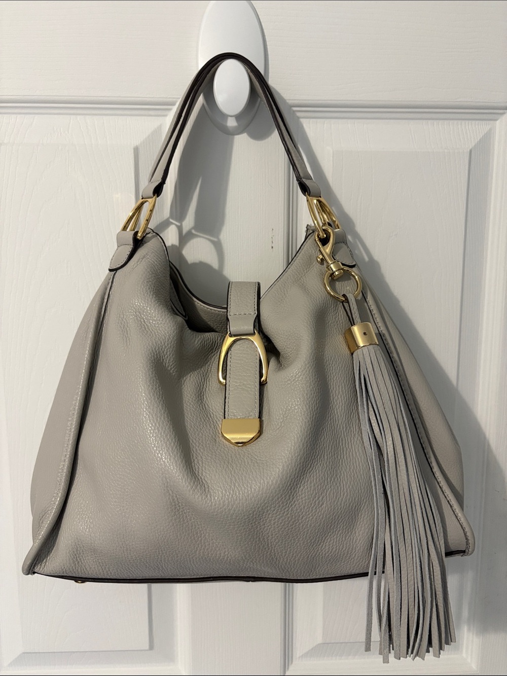 G.I.L.I. Light Gray Leather Shoulder Hobo with Tassel & Gold Hardware